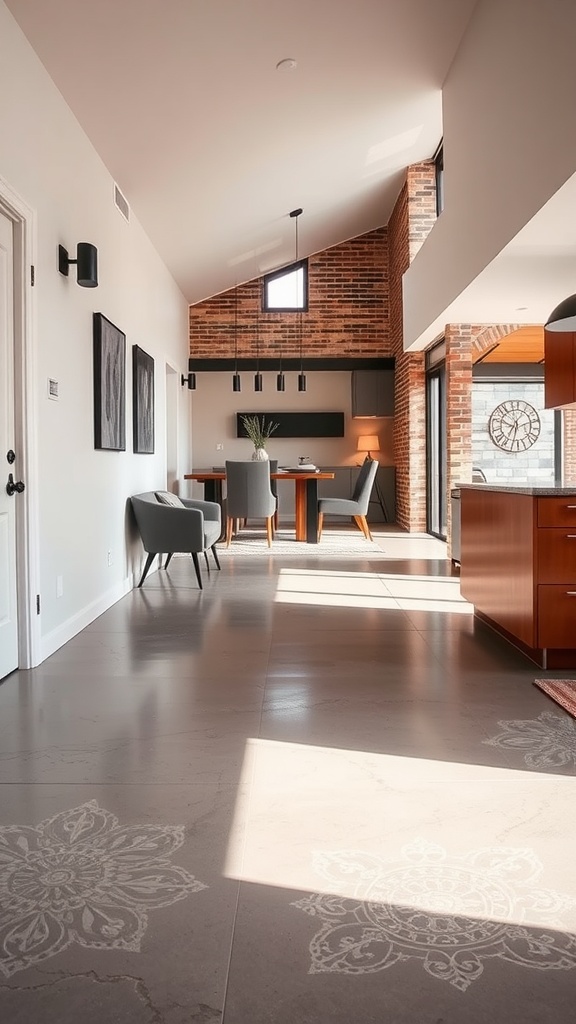 Interior space featuring polished concrete floors with embedded designs, showcasing a modern and inviting atmosphere.