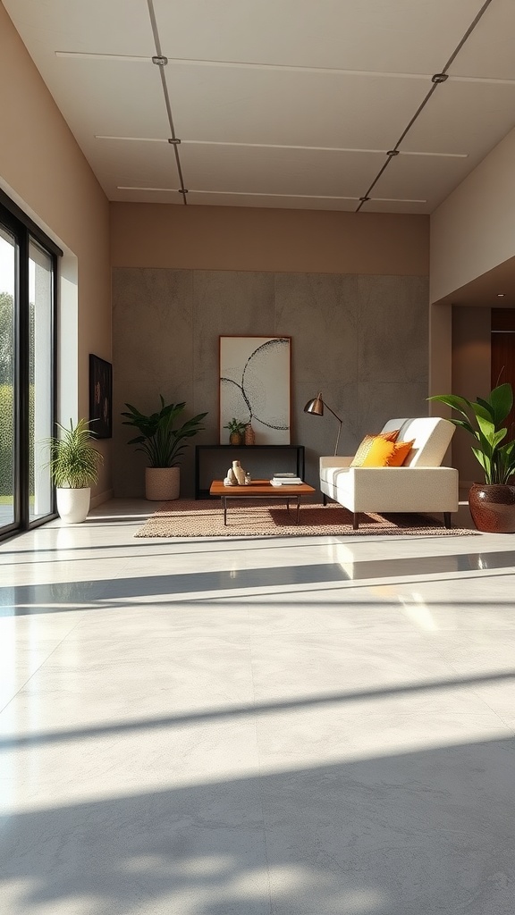 A modern living room showcasing polished concrete flooring and natural light.