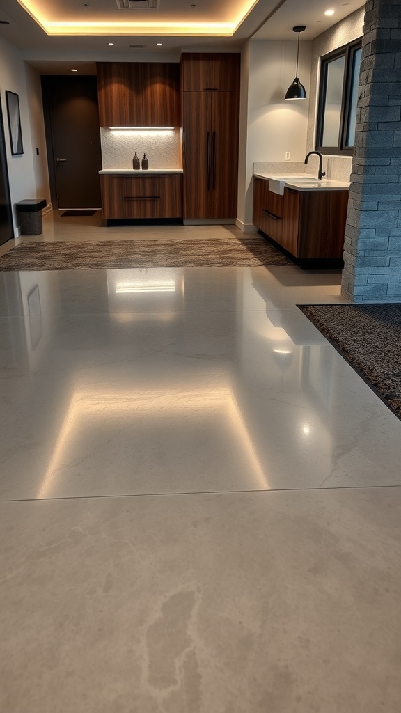 An interior view showcasing glossy concrete floors with integrated lighting, enhancing the modern kitchen design.