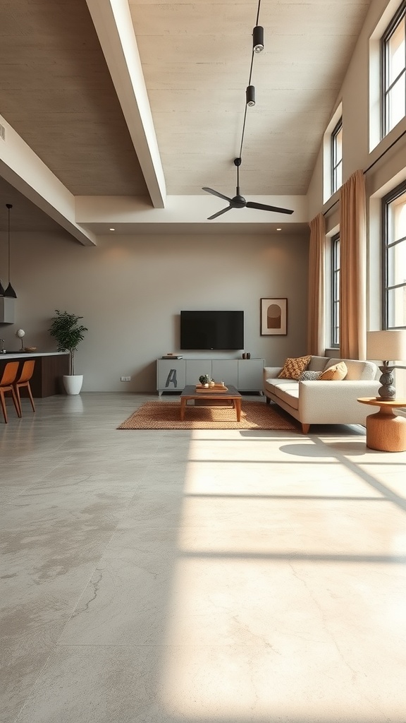 A modern living room featuring light cement flooring with radiant heating, showcasing a cozy and stylish atmosphere.