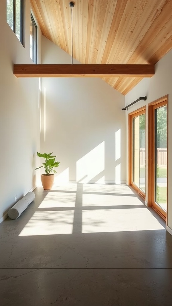 Interior of a room with concrete floors and large windows, showing passive solar design elements.