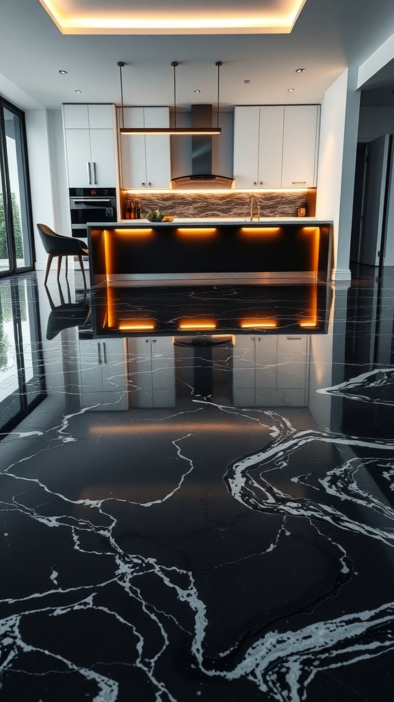 Contemporary black and white epoxy flooring in a modern kitchen