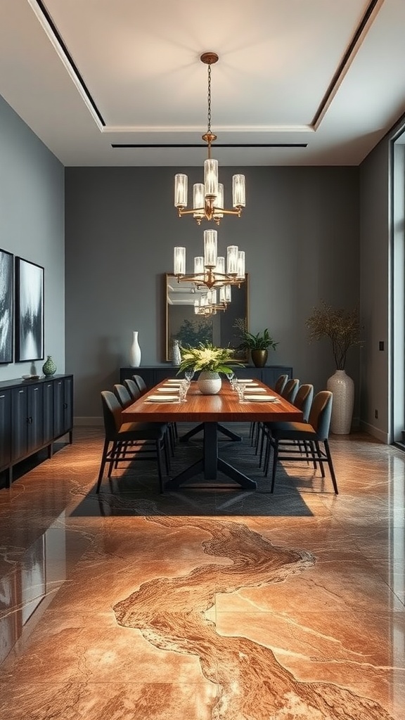 A contemporary dining room featuring a wooden table, black chairs, and a marbled epoxy floor, with stylish lighting and decor.