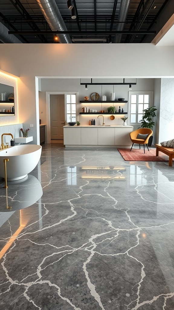 A stylish living space featuring contemporary grey epoxy flooring, showcasing its sleek design and modern decor.