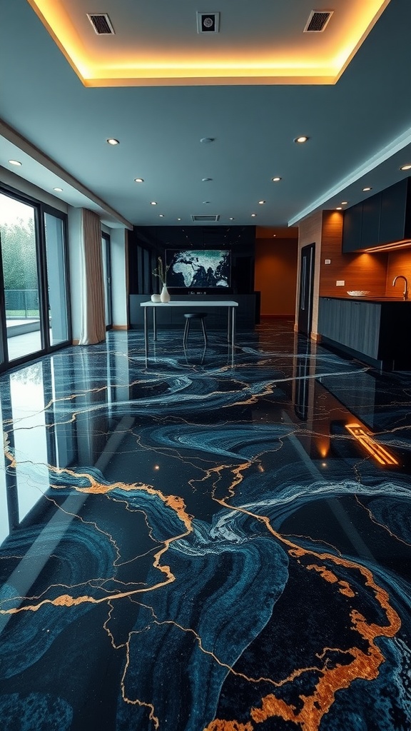 A contemporary minimalist space with a stylish blue and gold epoxy floor, showcasing a modern aesthetic.