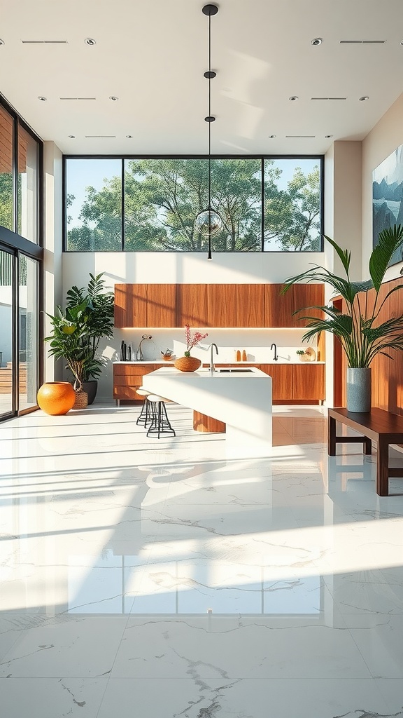 A modern kitchen featuring glossy epoxy floors, large windows, and minimalist decor.