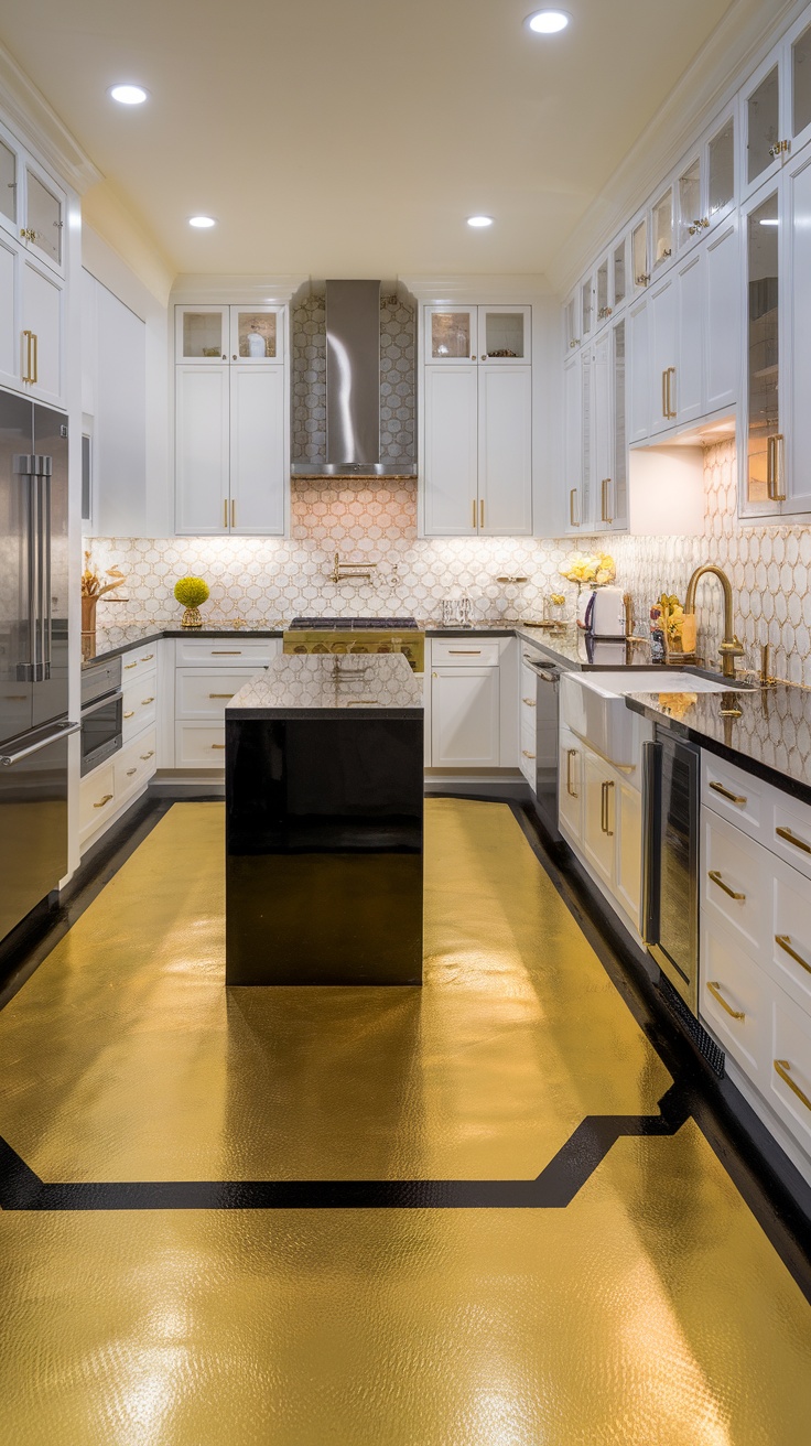 A cozy kitchen with gold and black epoxy floors, white cabinets, and modern appliances.