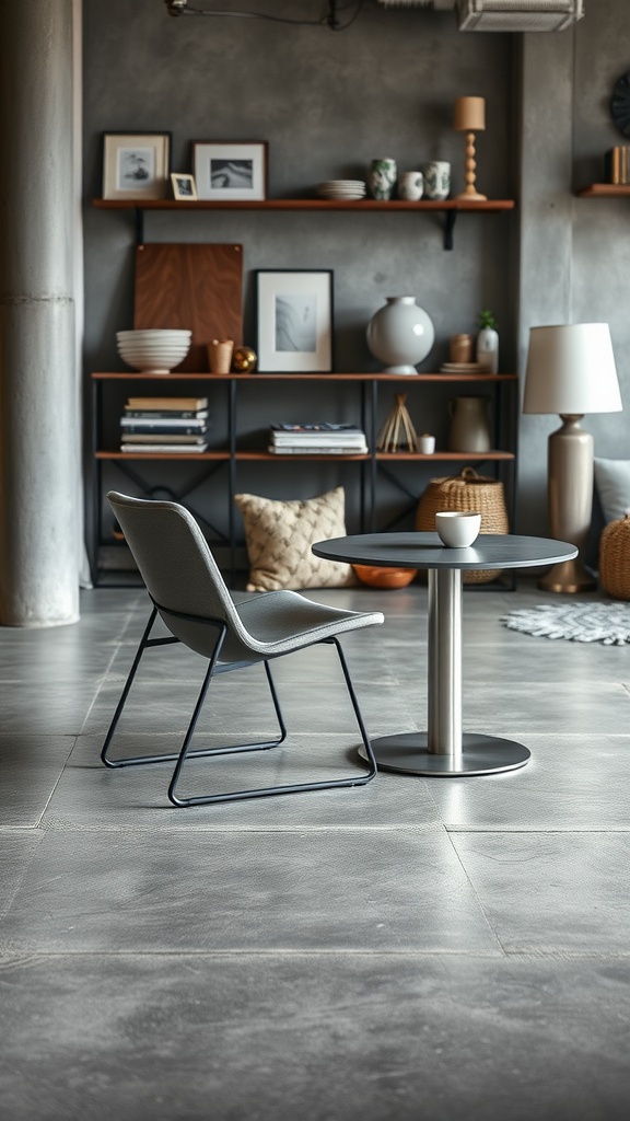 A minimalist interior shot showcasing a grey polished concrete floor with soft furnishings.