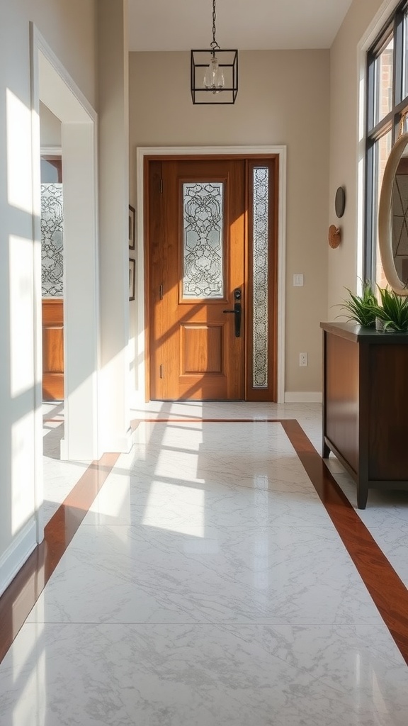 An entryway showcasing a stylish epoxy floor with contrasting borders.