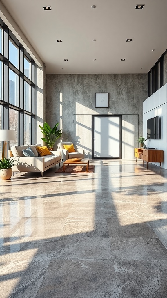 A modern living room featuring polished concrete flooring with contrasting colors.