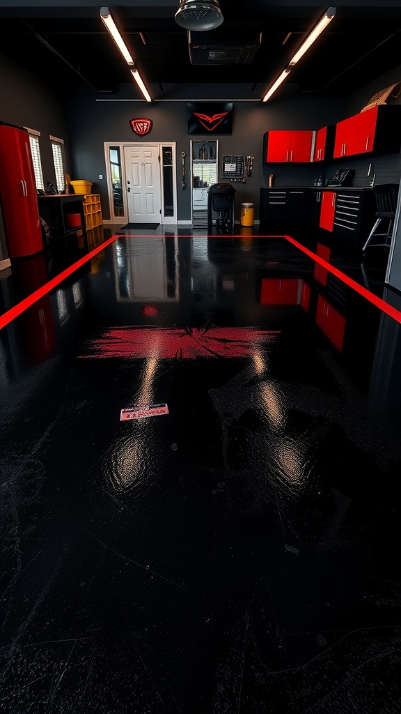 A modern garage featuring a black epoxy floor with red contrasting edges, showcasing a sleek and stylish design.