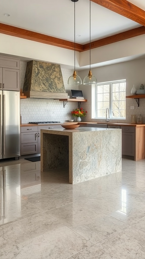 Modern kitchen with epoxy flooring and a wooden island table