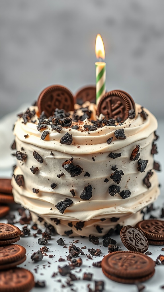 A delicious cookies and cream birthday cake topped with crushed cookies and a burning candle.