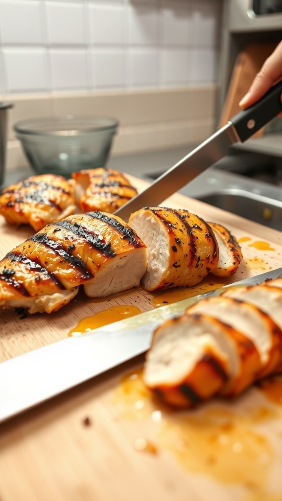 Slicing grilled chicken breasts on a cutting board.