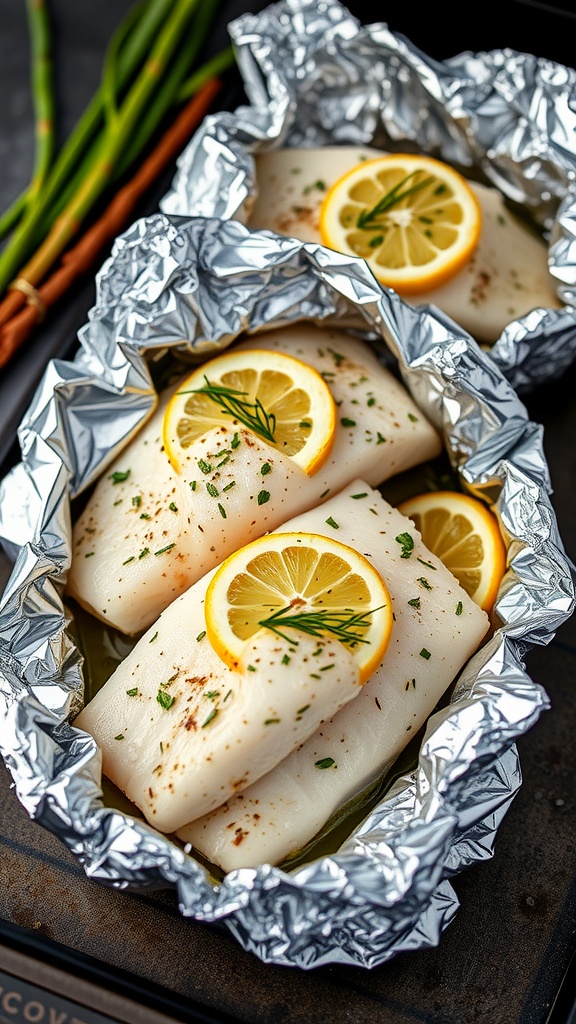 Foil packets with cod fillets topped with lemon slices and herbs