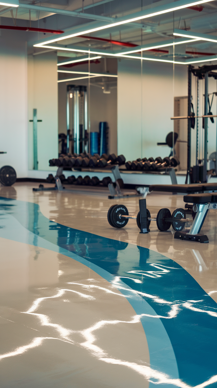 An interior space with a metallic epoxy floor featuring cool gray and blue wave designs, showcasing gym equipment in the background.
