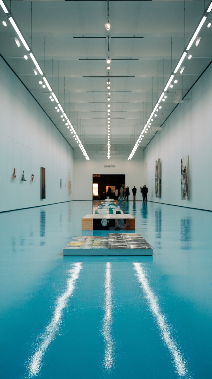 Interior space with cool ice blue epoxy floor, showcasing a bright and inviting atmosphere.