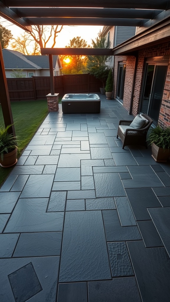 A stylish patio featuring cool ice blue tones with metallic accents, showcasing a modern design.