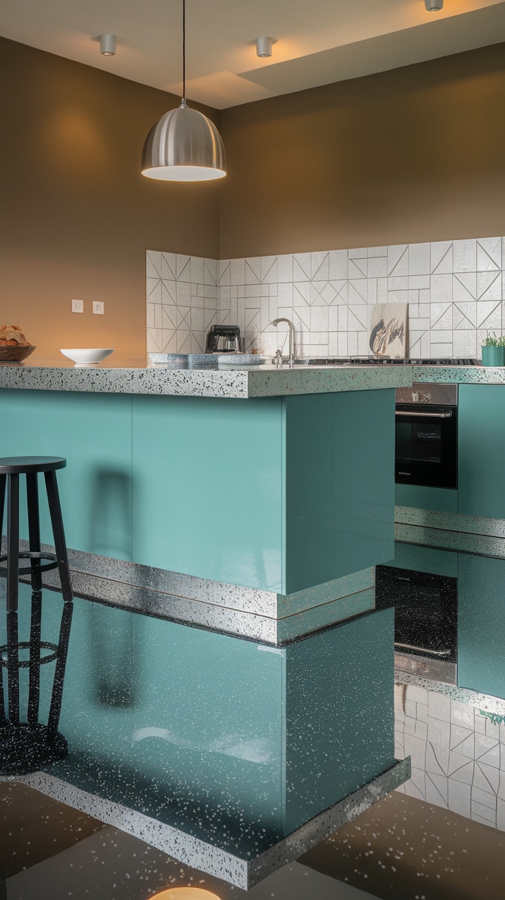 A modern kitchen featuring cool teal cabinetry and a glossy floor with silver speckles.