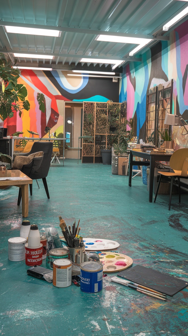 Interior space with cool teal epoxy floor and colorful artwork on the walls.