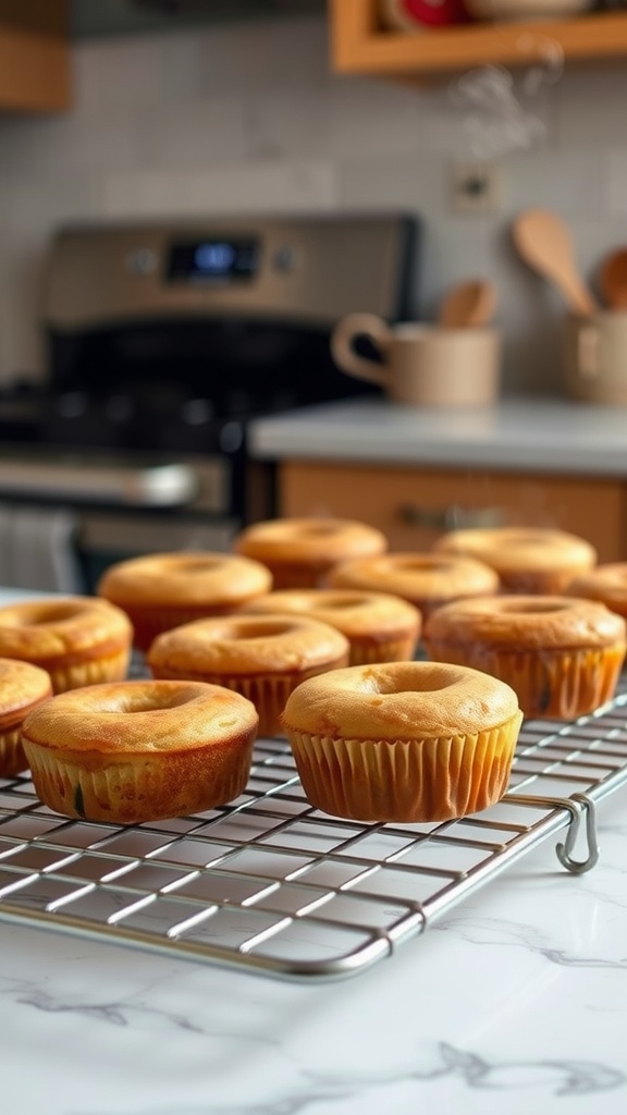 Cooling racks with freshly baked cinnamon sugar donut muffins.