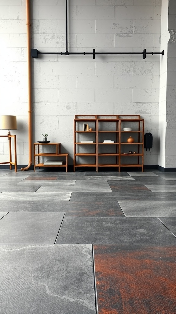 Interior with copper bronze and slate gray epoxy floor, featuring a cozy setup.