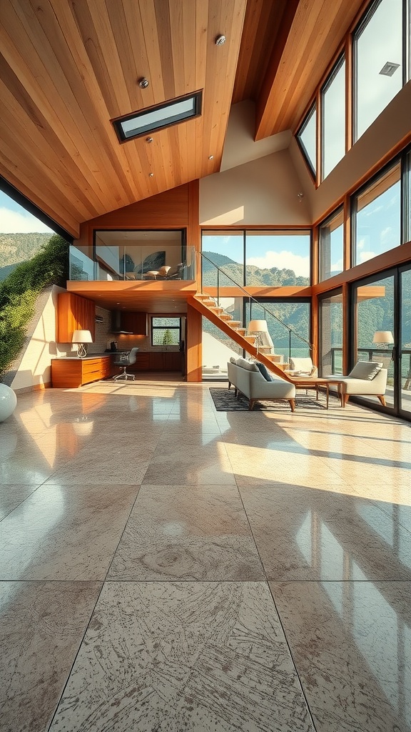 Interior of a hillside home featuring cork-inspired epoxy flooring, large windows, and wooden ceilings.