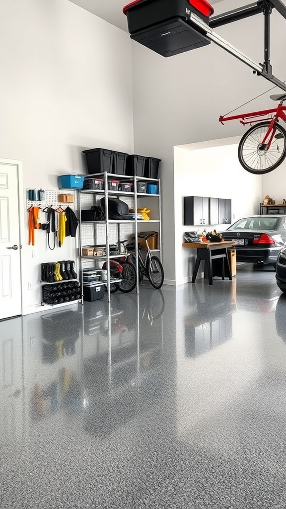 A garage featuring corner shelving units, organized tools, and a shiny epoxy floor.