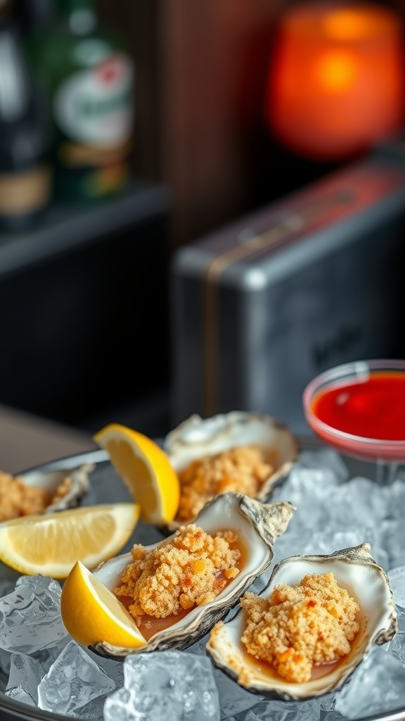 Cornmeal crusted oysters served with lemon wedges