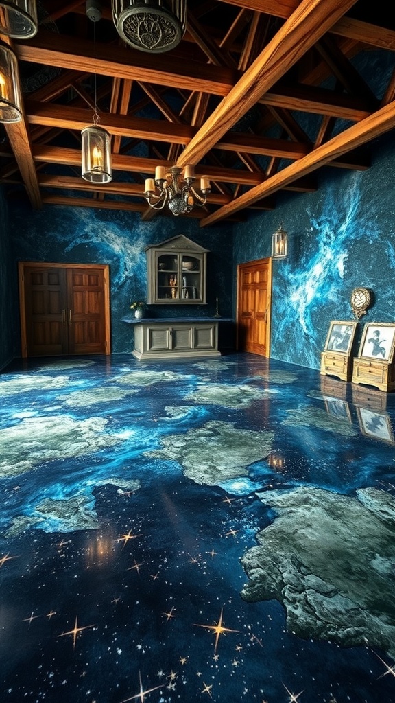 A room featuring an epoxy floor with a cosmic galaxy effect, displaying vibrant blue colors and star-like patterns.
