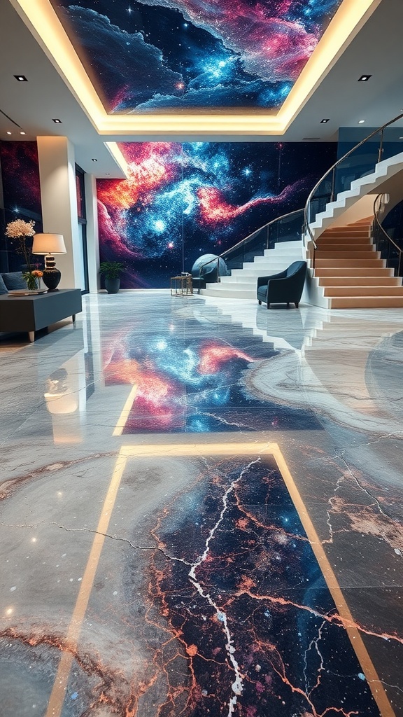 Luxurious interior with cosmic nebula epoxy flooring and colorful wall designs