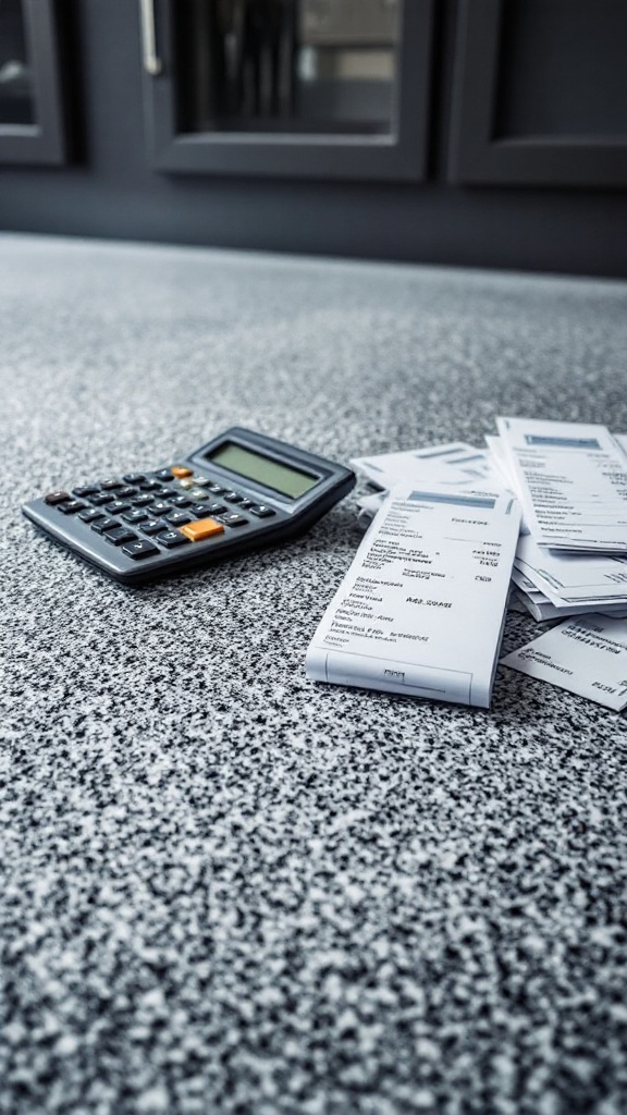 Calculator and receipts on a textured floor