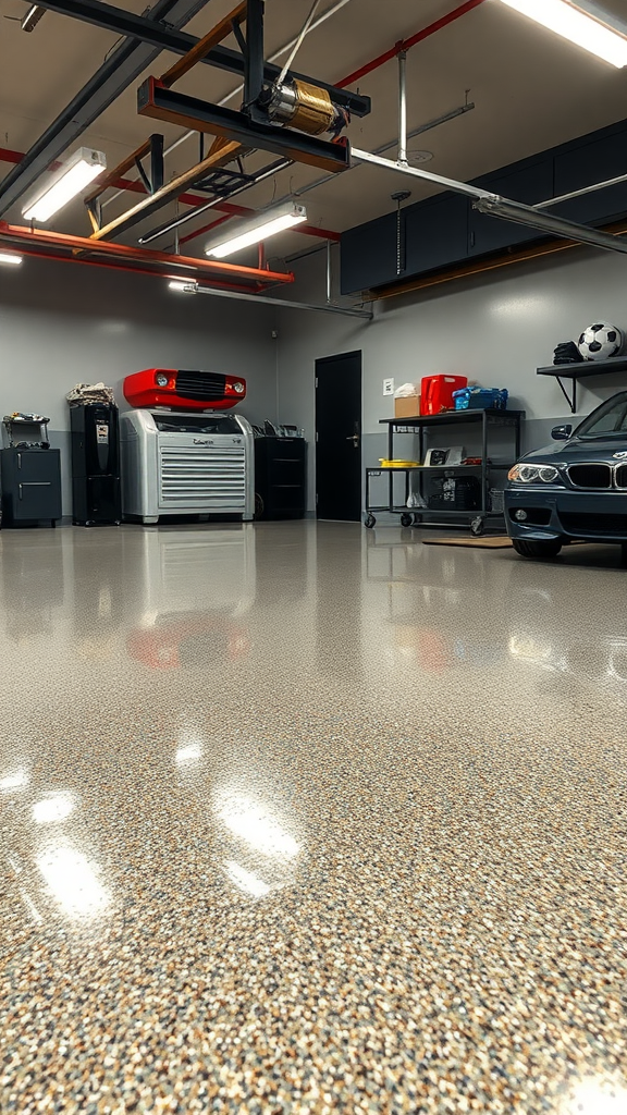 Image showing a wooden floor on the left and a gray epoxy floor on the right with text about epoxy flooring costs