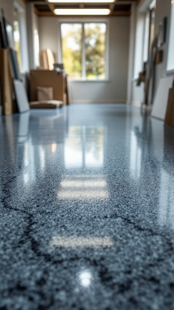 A polished granite countertop with reflections in a well-lit room.