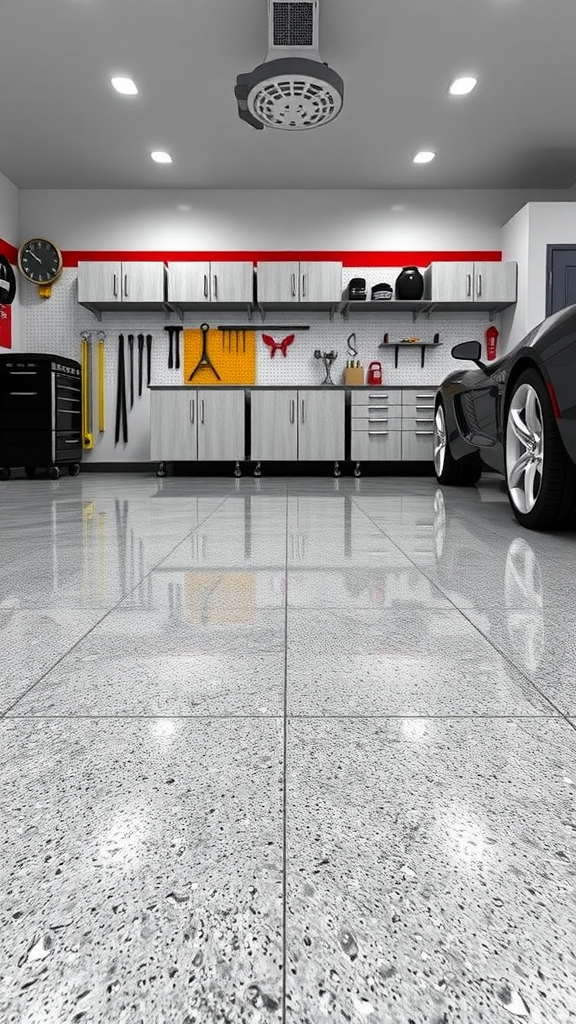 A spacious garage with beautiful epoxy flooring, showcasing a modern and stylish design.