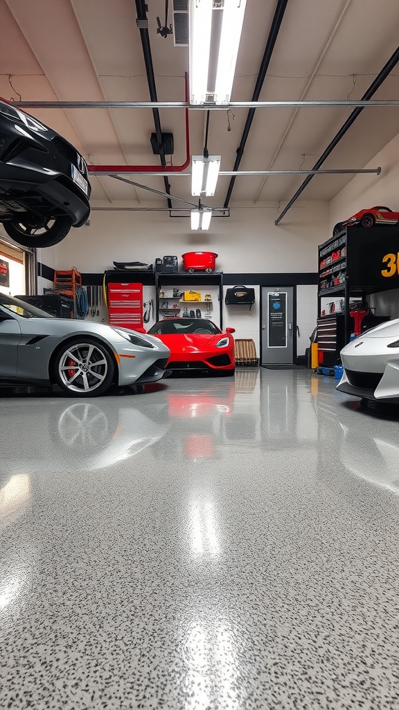 A clean and organized garage with epoxy flooring, tools hanging on the wall, and a calculation sheet on a workbench.