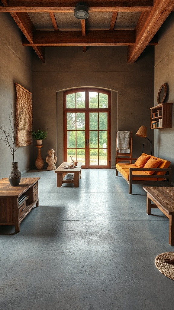 A stylish living room with gray epoxy flooring and a budget sheet on the floor.