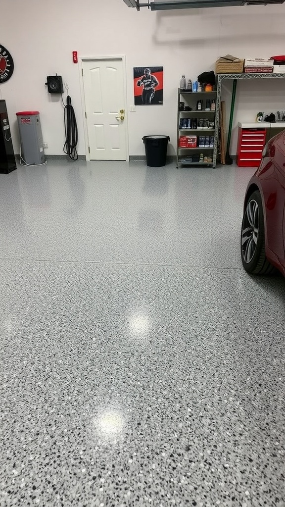 Before and after images of a garage floor transformation showing a speckled finish.