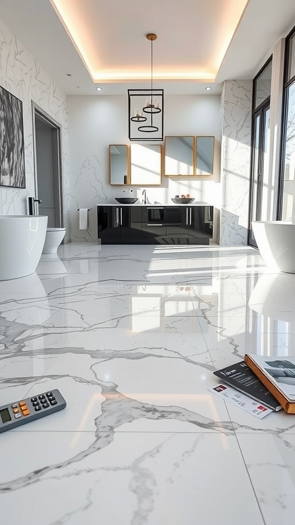 A modern bathroom featuring elegant heated marble floors, stylish fixtures, and a well-lit ambiance.