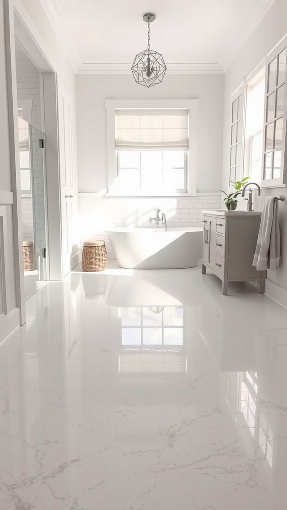 A modern bathroom with black epoxy floor, white tub, and simple decor