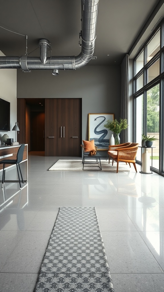 Cost factors for epoxy flooring with various price points displayed in a warm interior setting.