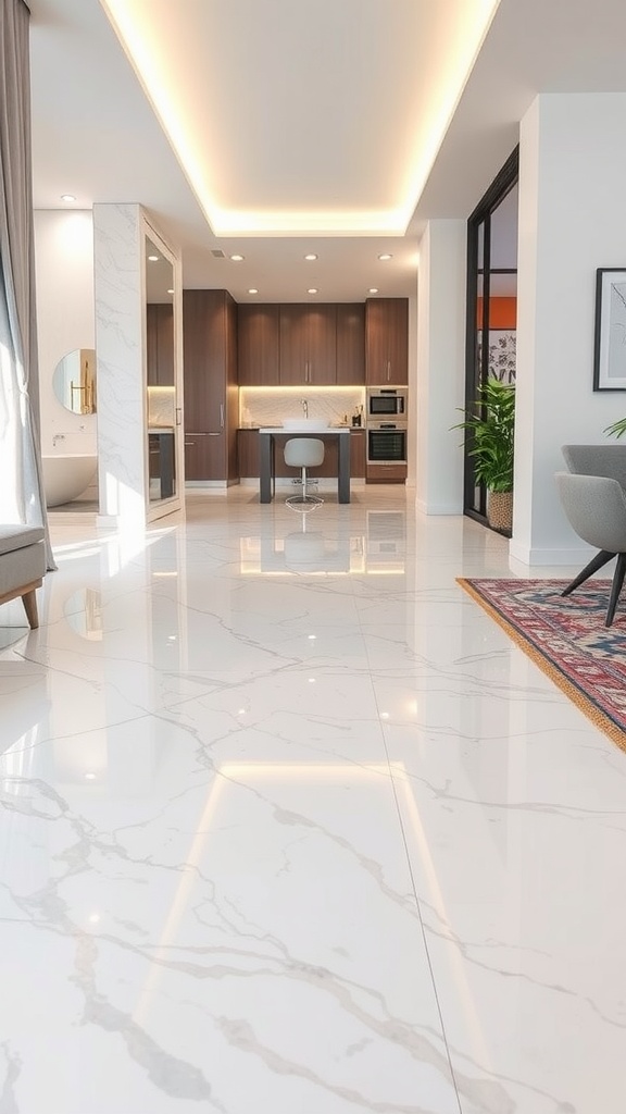 A modern kitchen with shiny marble-like epoxy flooring and stylish decor elements