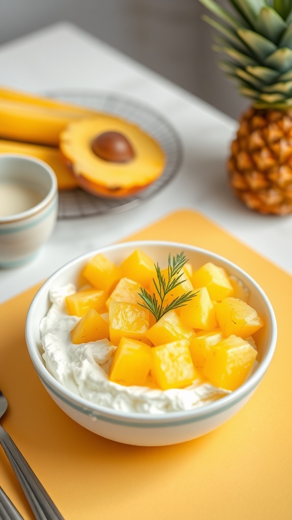A bowl of cottage cheese topped with fresh pineapple chunks, garnished with a sprig of dill.