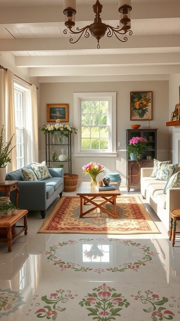 Artistic epoxy floor resembling a colorful garden pathway in a rustic home interior