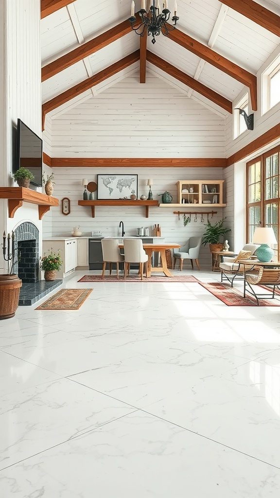 A cozy living area featuring glossy white epoxy flooring, wooden beams, and pastel decorations, embodying a country cottage aesthetic.