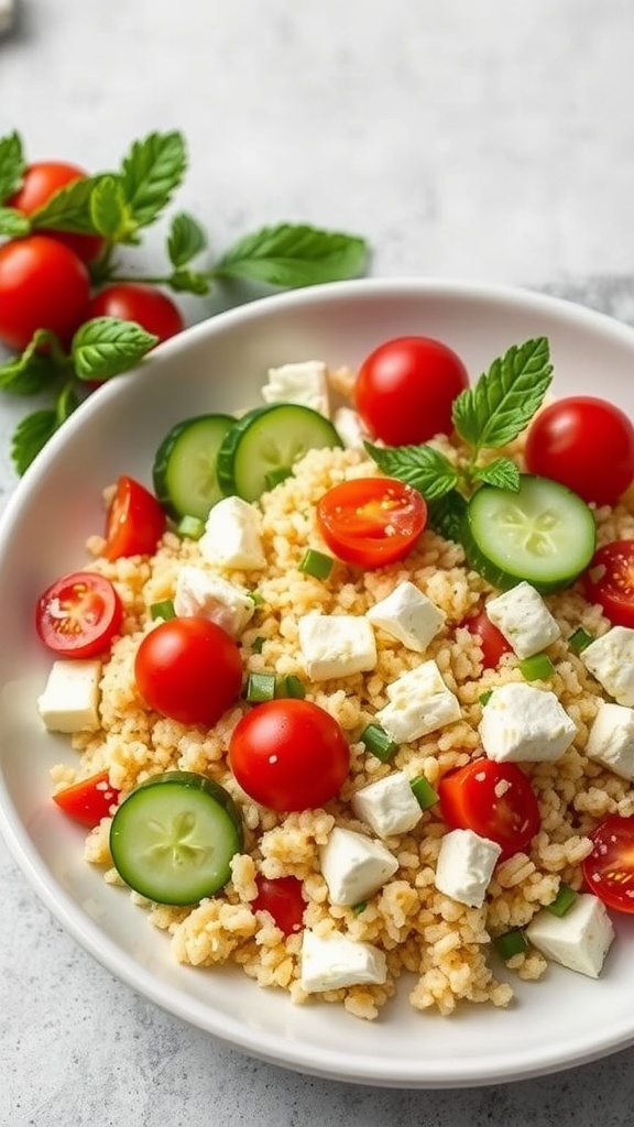 A vibrant couscous salad with cherry tomatoes, cucumbers, and feta cheese, garnished with fresh herbs.
