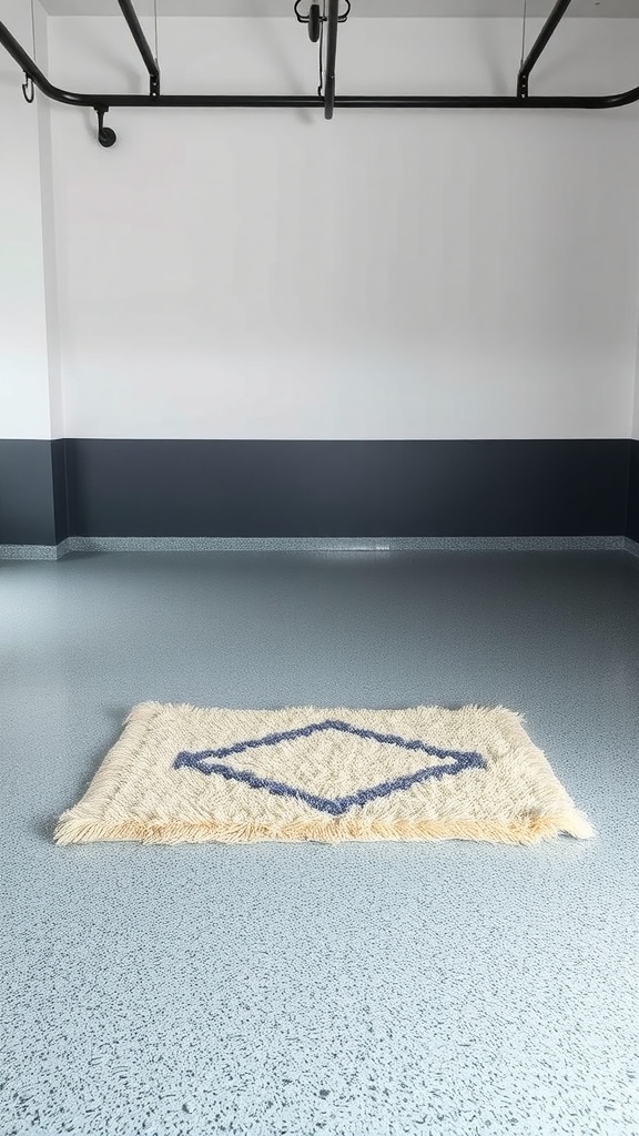A cozy area rug on polished epoxy flooring