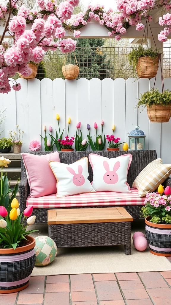 Cozy outdoor seating area with bunny cushions and colorful flower pots