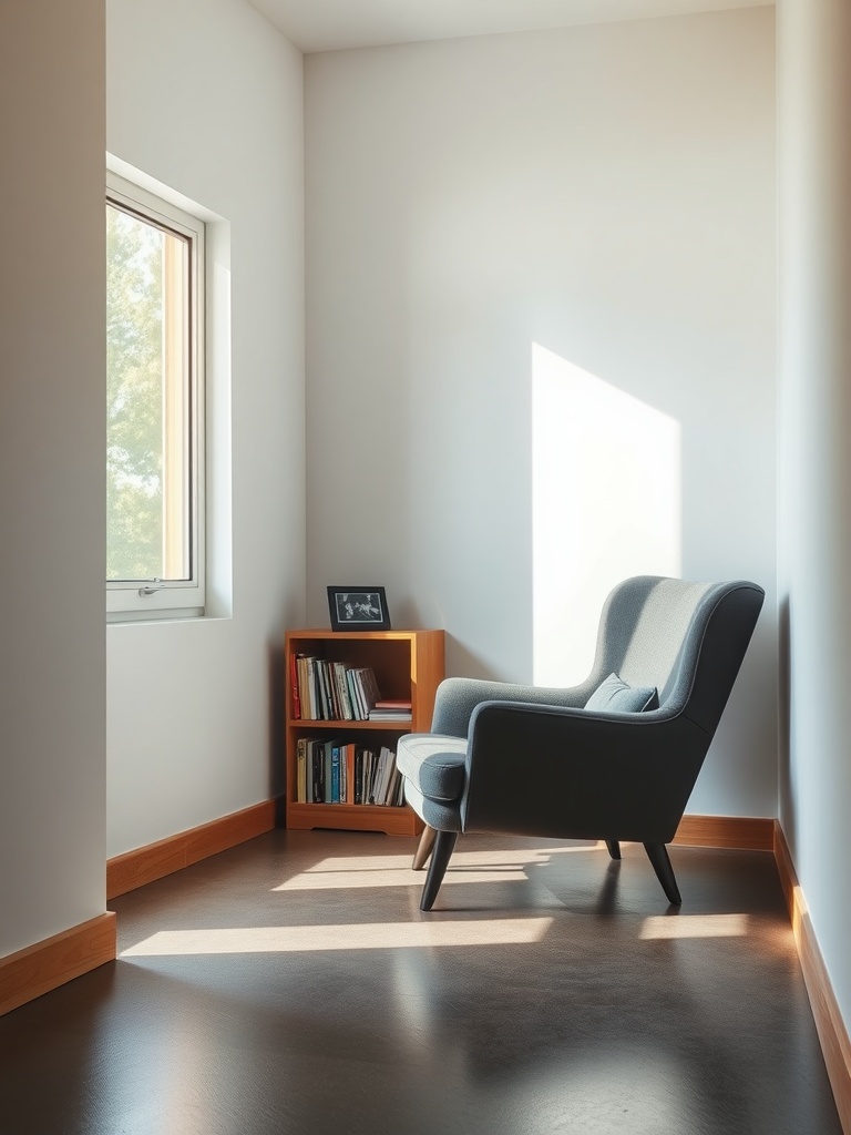 Cozy reading nook with a chair and bookshelf by the window