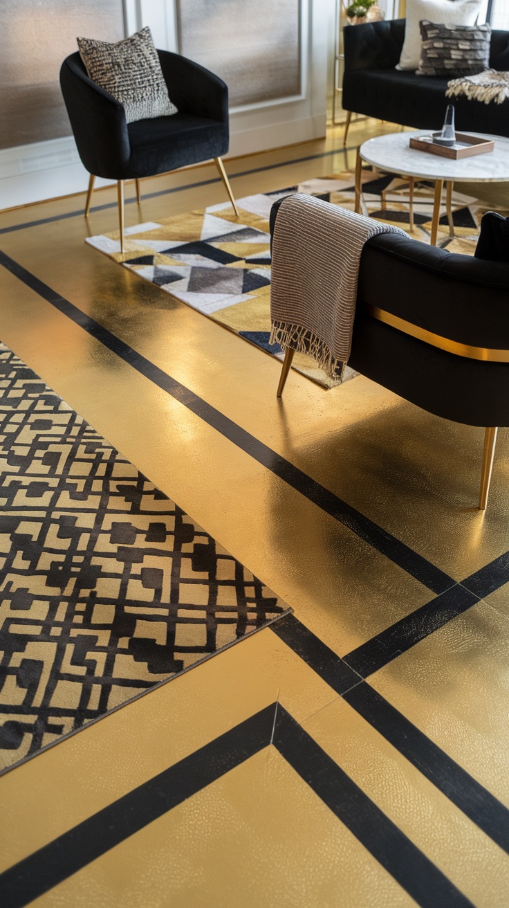 A cozy living space featuring glossy gold and black epoxy floors, stylish black chairs, and patterned rugs